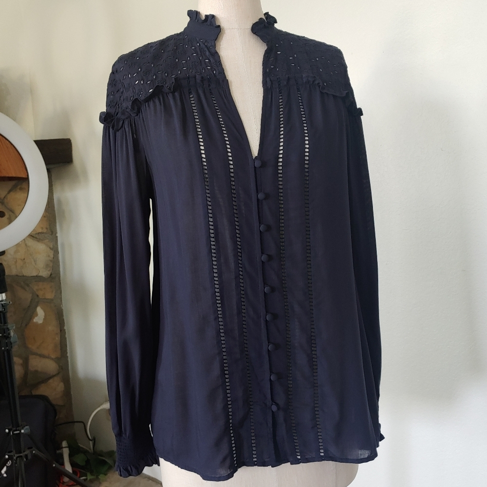 Johnny Was Eyelet Embroidered Ruffles Peasant L/S Button-Down - Picture 9 of 9